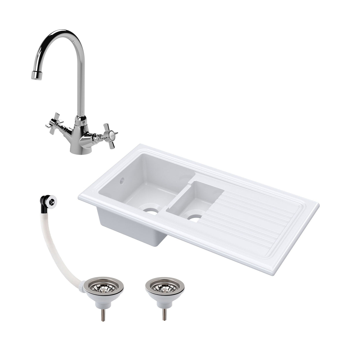 [BKS230WT2] 1.5 Bowl Fireclay Inset Kitchen Sink Bundle with Drainer, Mixer Tap & Wastes - 1010mm - Cutout
