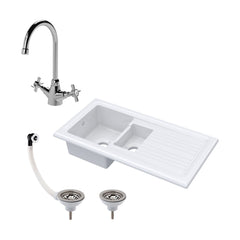 [BKS230WT2] 1.5 Bowl Fireclay Inset Kitchen Sink Bundle with Drainer, Mixer Tap & Wastes - 1010mm - Cutout