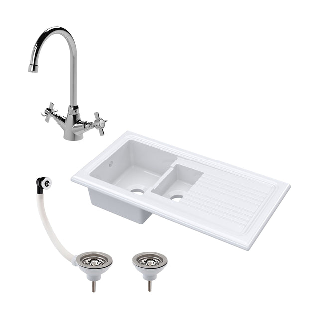 [BKS230WT2] 1.5 Bowl Fireclay Inset Kitchen Sink Bundle with Drainer, Mixer Tap & Wastes - 1010mm - Cutout
