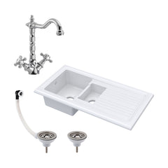 [BKS230WT4] 1.5 Bowl Fireclay Ceramic Inset Kitchen Sink Bundle with Classic Tap & Wastes - Cutout