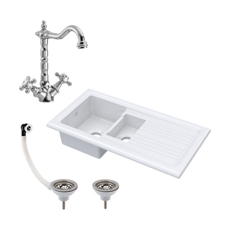 [BKS230WT4] 1.5 Bowl Fireclay Ceramic Inset Kitchen Sink Bundle with Classic Tap & Wastes - Cutout