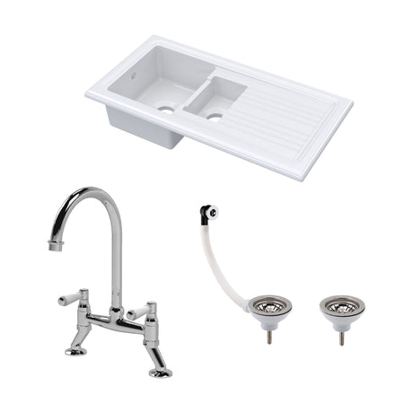 [BKS230WT5] Traditional Fireclay Kitchen Bundle: 1.5 Bowl Sink & Drainer, Waste & Bridge Lever Tap, 1010mm - Chrome - Cutout