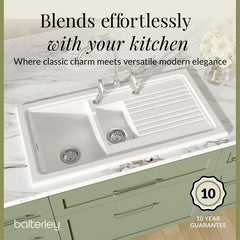 [BKS230WT5] Traditional Fireclay Kitchen Bundle: 1.5 Bowl Sink & Drainer, Waste & Bridge Lever Tap, 1010mm - Chrome - Lifestyle 2