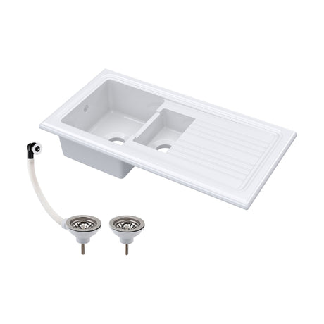 [BKS230W] 101cm 1.5 Bowl Fireclay Inset Kitchen Sink with Waste - 1010 x 525 x 235mm - Choice of Waste Finish - Cutout