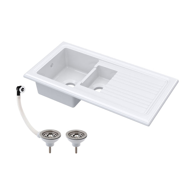 [BKS230W] 101cm 1.5 Bowl Fireclay Inset Kitchen Sink with Waste - 1010 x 525 x 235mm - Choice of Waste Finish - Cutout