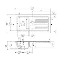[BKS230W] 101cm 1.5 Bowl Fireclay Inset Kitchen Sink with Waste - 1010 x 525 x 235mm - Choice of Waste Finish - Technical Drawing