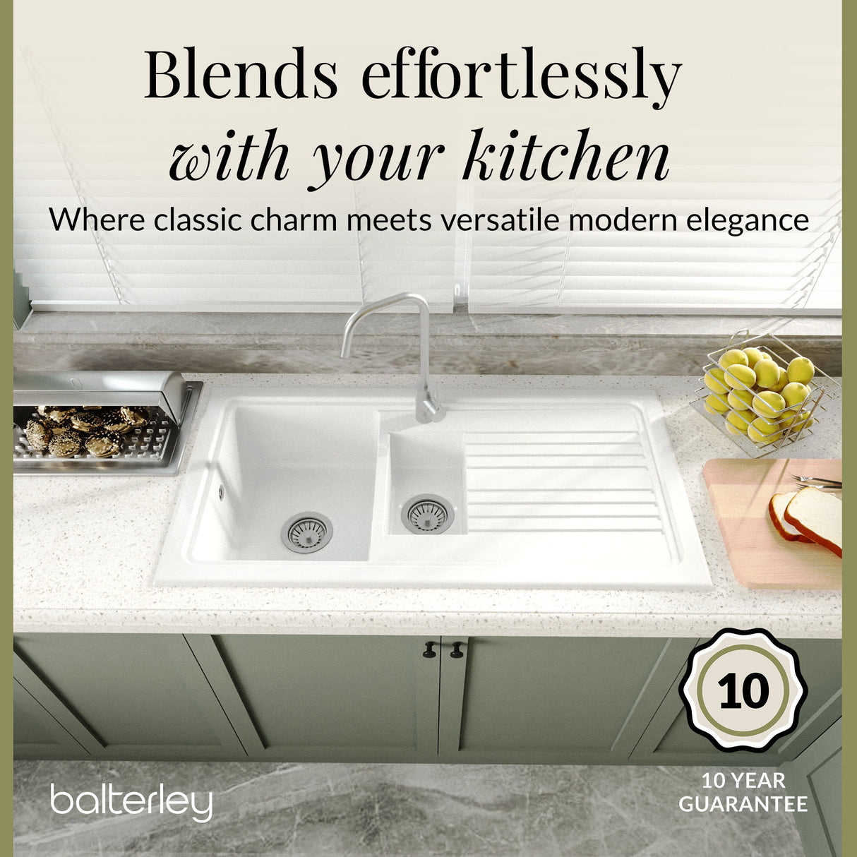 [BKS230W] 101cm 1.5 Bowl Fireclay Inset Kitchen Sink with Waste - 1010 x 525 x 235mm - Choice of Waste Finish - Lifestyle 2