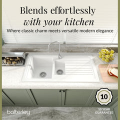 [BKS230W] 101cm 1.5 Bowl Fireclay Inset Kitchen Sink with Waste - 1010 x 525 x 235mm - Choice of Waste Finish - Lifestyle 2