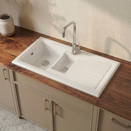 [BKS230W] 101cm 1.5 Bowl Fireclay Inset Kitchen Sink with Waste - 1010 x 525 x 235mm - Choice of Waste Finish - Silo
