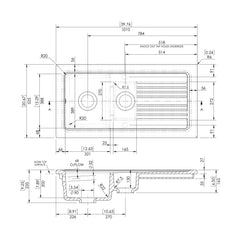 [BKS230] 101cm Inset Counter Top Fireclay Ceramic Kitchen Sink - Multiple Options Available - Technical Drawing