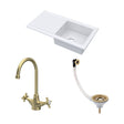 [BKS231WT11] Traditional Fireclay Kitchen Bundle: Single Bowl Sink & Drainer with Waste & Mono Crosshead Tap, 1010mm - Brushed Brass - Cutout