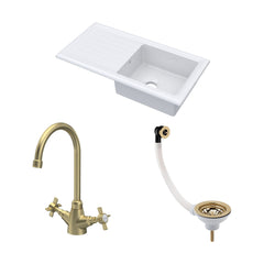 [BKS231WT11] Traditional Fireclay Kitchen Bundle: Single Bowl Sink & Drainer with Waste & Mono Crosshead Tap, 1010mm - Brushed Brass - Cutout