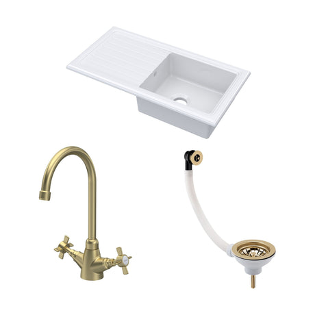 [BKS231WT11] Traditional Fireclay Kitchen Bundle: Single Bowl Sink & Drainer with Waste & Mono Crosshead Tap, 1010mm - Brushed Brass - Cutout