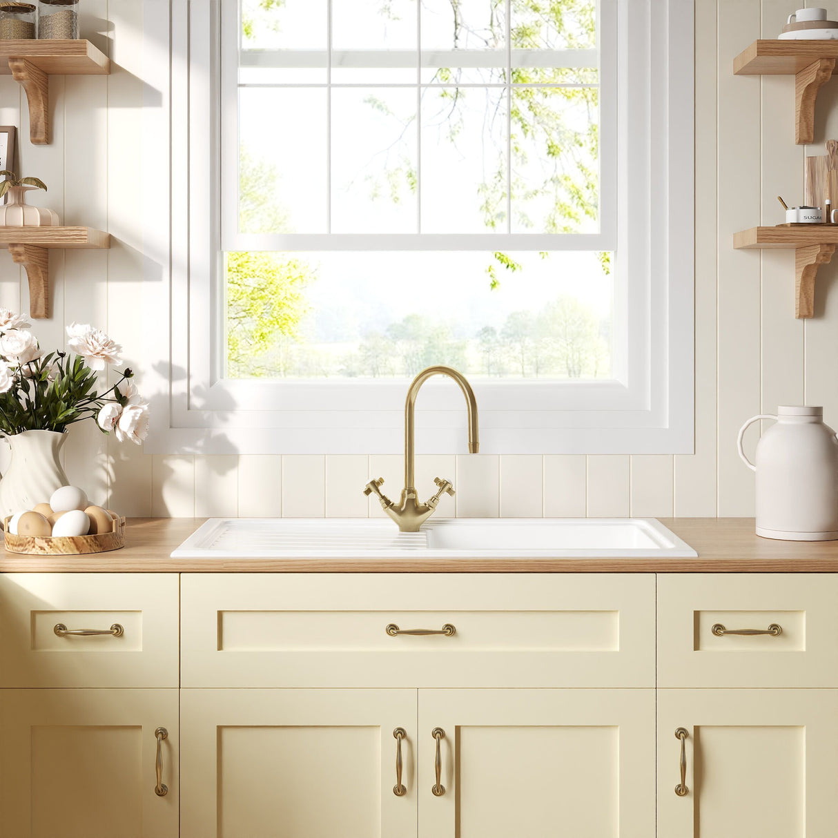[BKS231WT11] Traditional Fireclay Kitchen Bundle: Single Bowl Sink & Drainer with Waste & Mono Crosshead Tap, 1010mm - Brushed Brass - Lifestyle 1