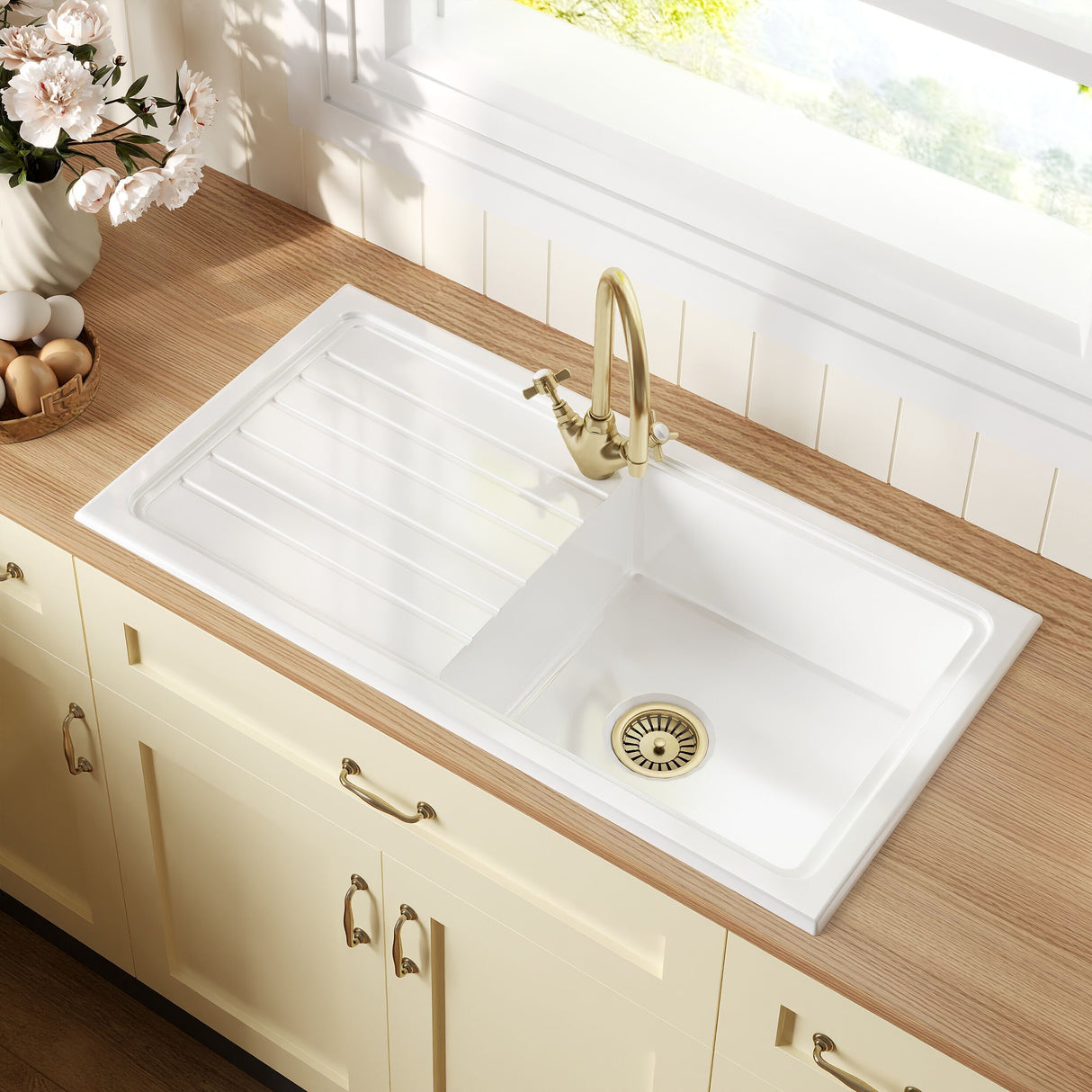 [BKS231WT11] Traditional Fireclay Kitchen Bundle: Single Bowl Sink & Drainer with Waste & Mono Crosshead Tap, 1010mm - Brushed Brass - Lifestyle 2