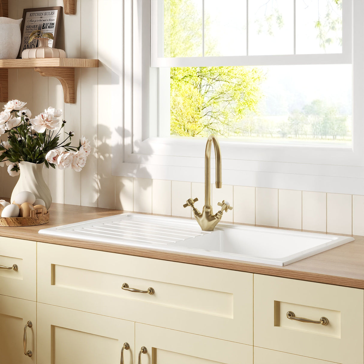 [BKS231WT11] Traditional Fireclay Kitchen Bundle: Single Bowl Sink & Drainer with Waste & Mono Crosshead Tap, 1010mm - Brushed Brass - Lifestyle 3