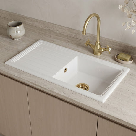 [BKS231WT11] Traditional Fireclay Kitchen Bundle: Single Bowl Sink & Drainer with Waste & Mono Crosshead Tap, 1010mm - Brushed Brass - Silo