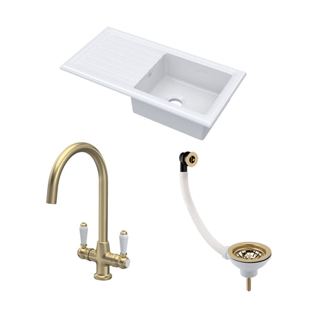 [BKS231WT12] Traditional Fireclay Kitchen Bundle: Single Bowl Sink & Drainer with Waste & Mono Lever Tap, 1010mm - Brushed Brass - Cutout