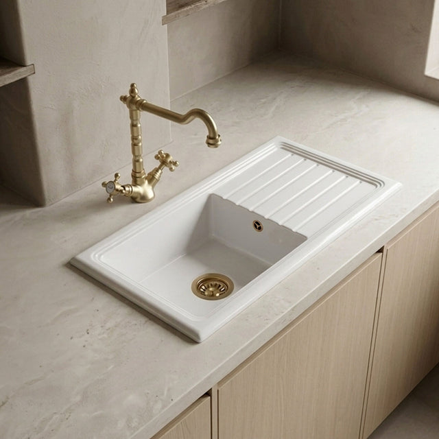 [BKS231WT13] Traditional Fireclay Kitchen Bundle: Single Bowl Sink & Drainer with Waste & French Classic Tap, 1010mm - Brushed Brass - Silo