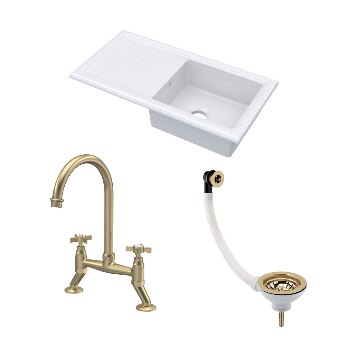 [BKS231WT14] Traditional Fireclay Kitchen Bundle: Single Bowl Sink & Drainer with Waste & Bridge Crosshead Tap, 1010mm - Brushed Brass - Cutout