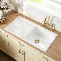 [BKS231WT14] Traditional Fireclay Kitchen Bundle: Single Bowl Sink & Drainer with Waste & Bridge Crosshead Tap, 1010mm - Brushed Brass - Lifestyle 2