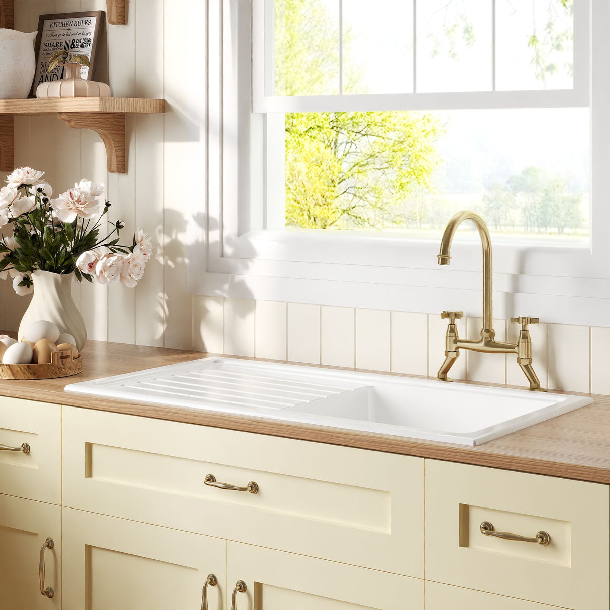 [BKS231WT14] Traditional Fireclay Kitchen Bundle: Single Bowl Sink & Drainer with Waste & Bridge Crosshead Tap, 1010mm - Brushed Brass - Lifestyle 3
