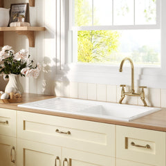 [BKS231WT14] Traditional Fireclay Kitchen Bundle: Single Bowl Sink & Drainer with Waste & Bridge Crosshead Tap, 1010mm - Brushed Brass - Lifestyle 3