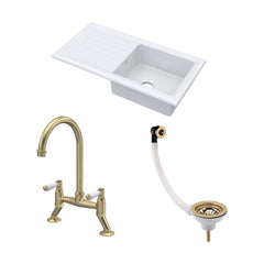 [BKS231WT15] Traditional Fireclay Kitchen Bundle: Single Bowl Sink & Drainer with Waste & Bridge Lever Tap, 1010mm - Brushed Brass - Cutout