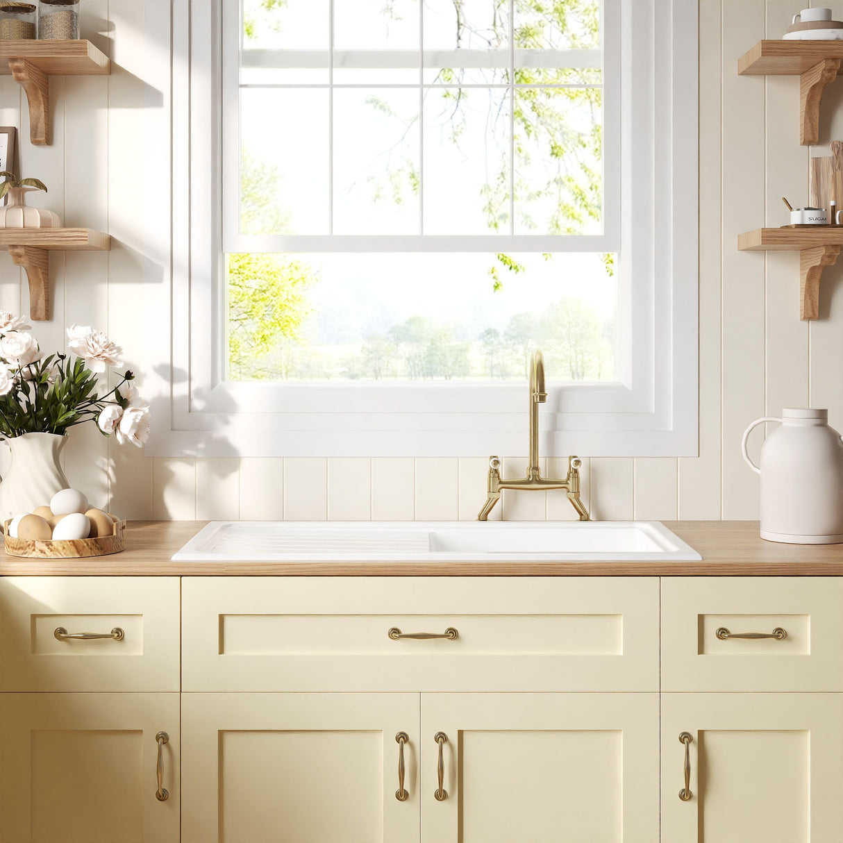 [BKS231WT15] Traditional Fireclay Kitchen Bundle: Single Bowl Sink & Drainer with Waste & Bridge Lever Tap, 1010mm - Brushed Brass - Lifestyle 1
