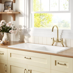 [BKS231WT15] Traditional Fireclay Kitchen Bundle: Single Bowl Sink & Drainer with Waste & Bridge Lever Tap, 1010mm - Brushed Brass - Lifestyle 3