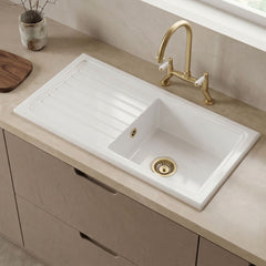 [BKS231WT15] Traditional Fireclay Kitchen Bundle: Single Bowl Sink & Drainer with Waste & Bridge Lever Tap, 1010mm - Brushed Brass - Silo