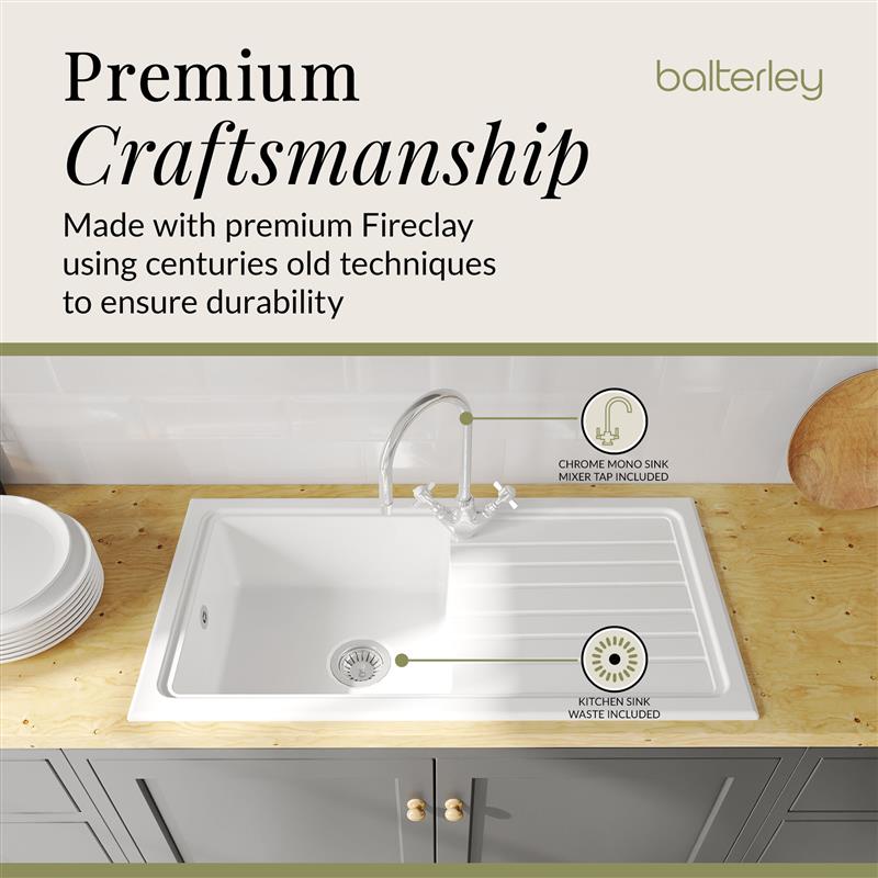 Single Bowl Fireclay Inset Kitchen Sink & Drainer, Mixer Tap & Wastes, 1010mm