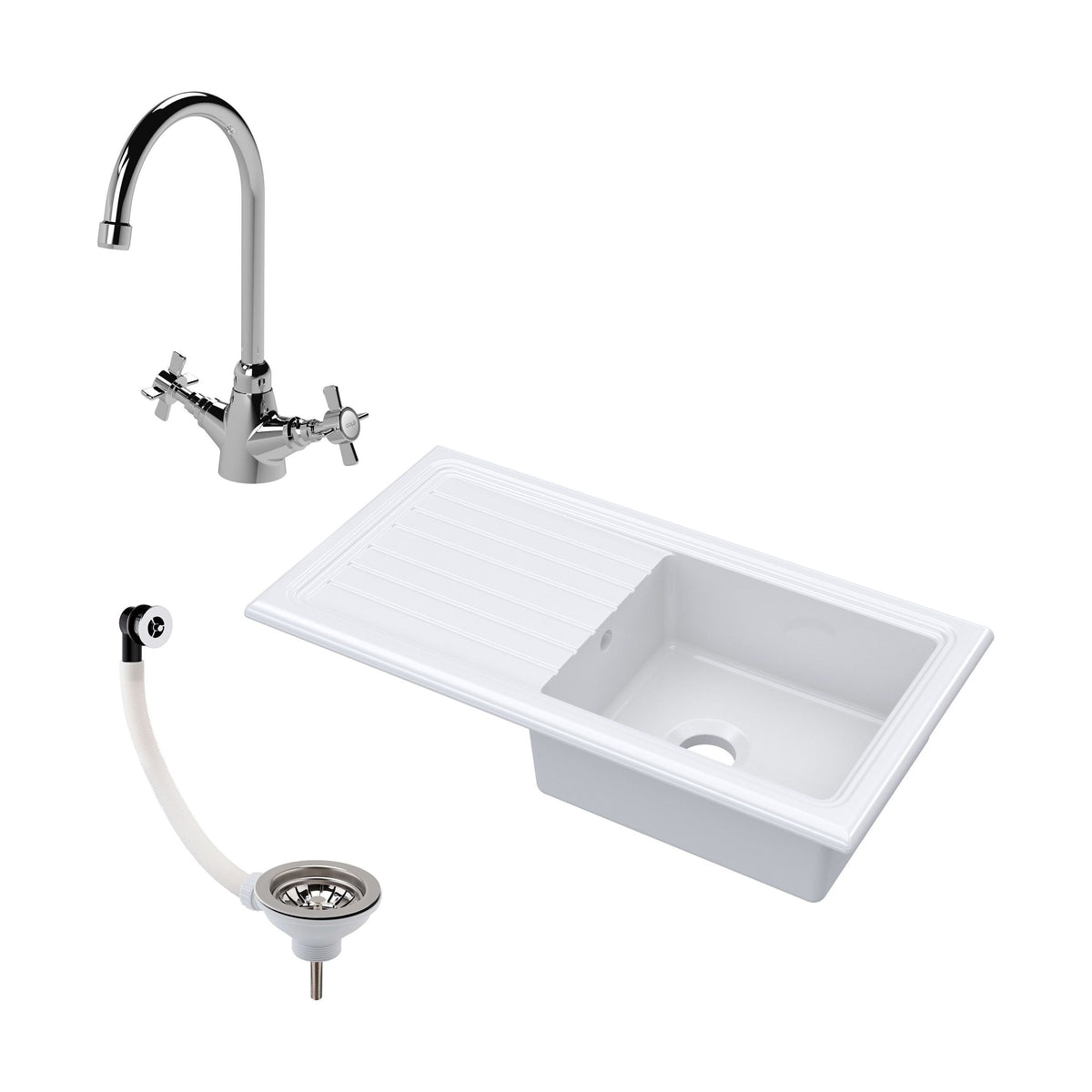 Single Bowl Fireclay Inset Kitchen Sink & Drainer, Mixer Tap & Wastes ...