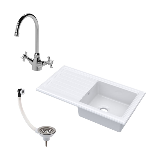 [BKS231WT2] Single Bowl Fireclay Inset Kitchen Sink & Drainer, Mixer Tap & Wastes, 1010mm - Cutout