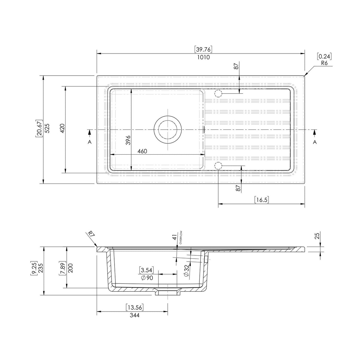 [BKS231WT2] Single Bowl Fireclay Inset Kitchen Sink & Drainer, Mixer Tap & Wastes, 1010mm - Technical Drawing
