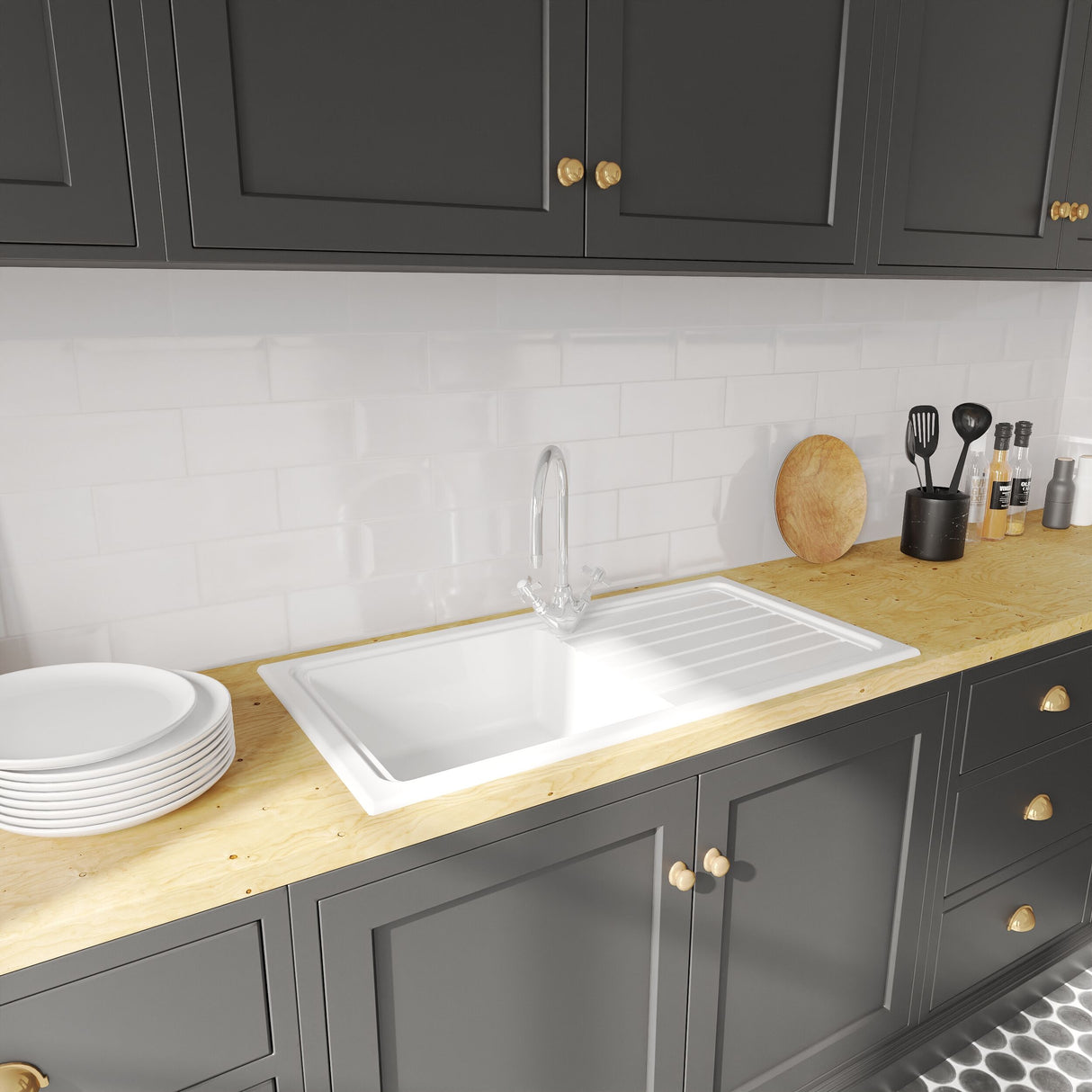 [BKS231WT2] Single Bowl Fireclay Inset Kitchen Sink & Drainer, Mixer Tap & Wastes, 1010mm - Lifestyle 3