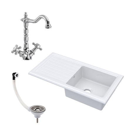[BKS231WT4] Single Bowl Fireclay Inset Kitchen Sink & Drainer, Classic Tap & Wastes, 1010mm - Cutout