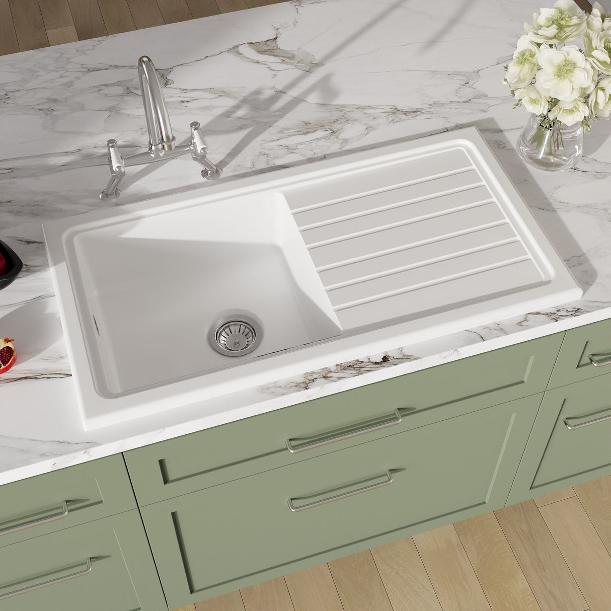 [BKS231WT5] Traditional Fireclay Kitchen Bundle: Single Bowl Sink & Drainer with Bridge Lever Mixer Tap, Basket Strainer Waste, 1010mm - Chrome - Lifestyle 2