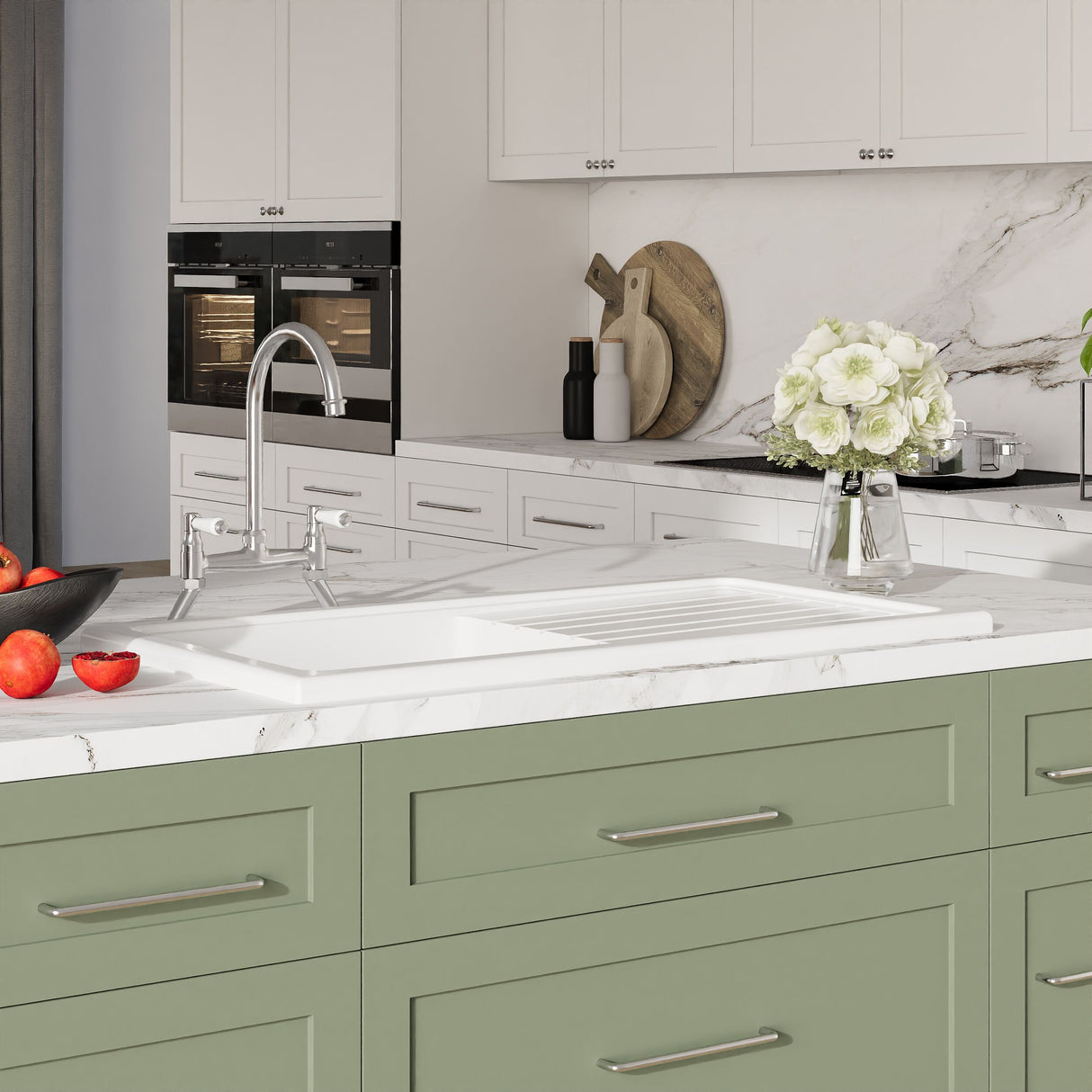 [BKS231WT5] Traditional Fireclay Kitchen Bundle: Single Bowl Sink & Drainer with Bridge Lever Mixer Tap, Basket Strainer Waste, 1010mm - Chrome - Lifestyle 3