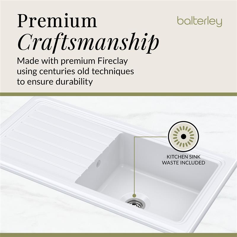 Single Bowl Fireclay Ceramic Inset Kitchen Sink & Drainer, Includes Compatible Waste, 1010mm