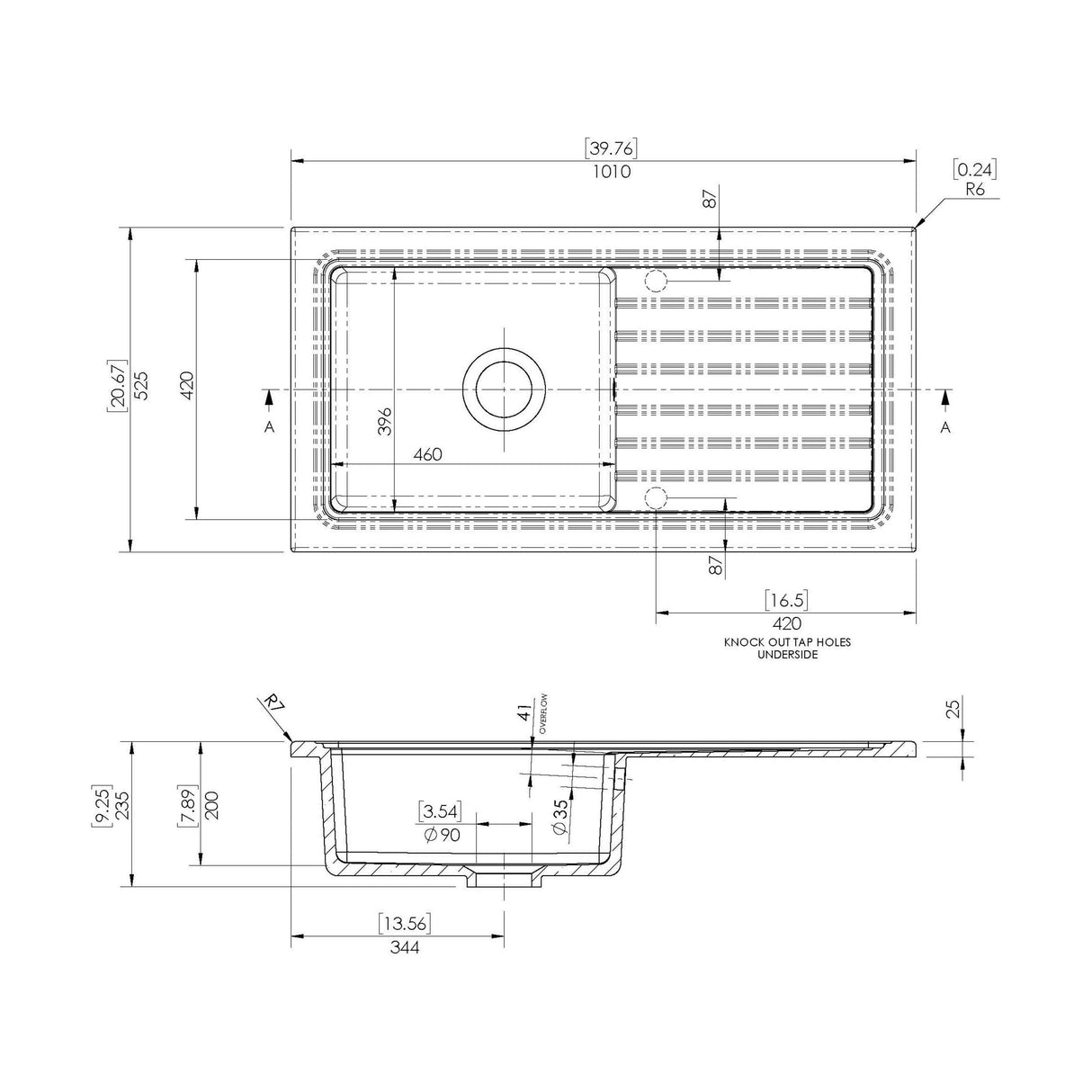 [BKS231W] Traditional Fireclay Single Bowl Inset Kitchen Sink with Waste, 101cm - Choice of Waste Finish - Technical Drawing