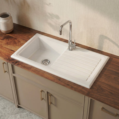 [BKS231W] Traditional Fireclay Single Bowl Inset Kitchen Sink with Waste, 101cm - Choice of Waste Finish - Silo