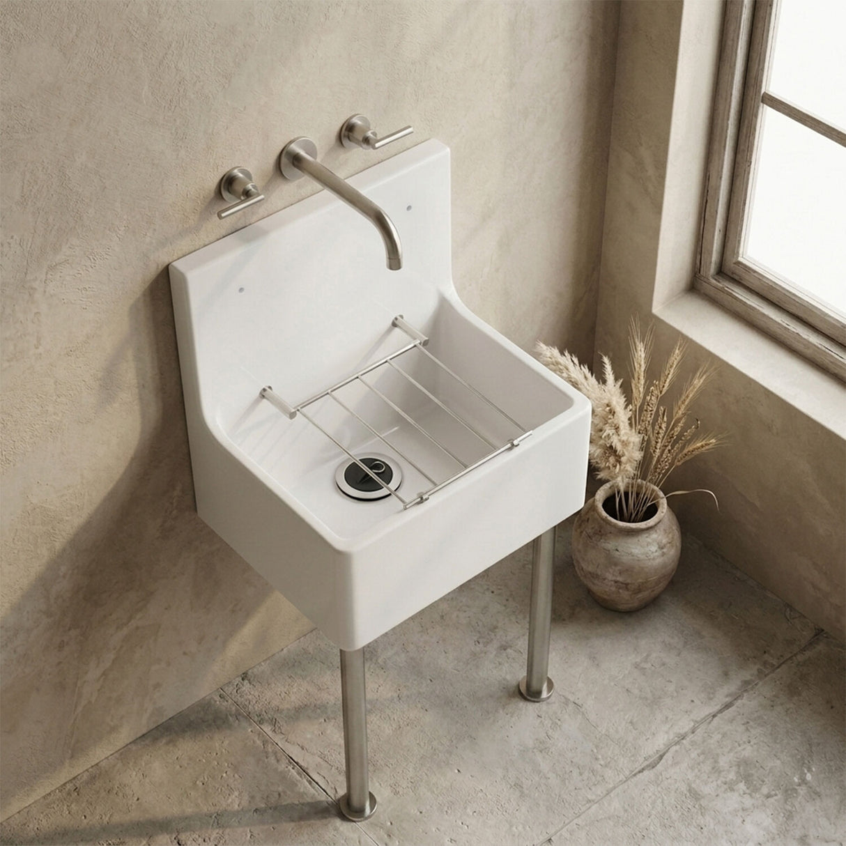 [BKS232WP] Single Bowl  Fireclay Ceramic Cleaner Sink w.Grid - Multiple Sizes and Accessories - Silo