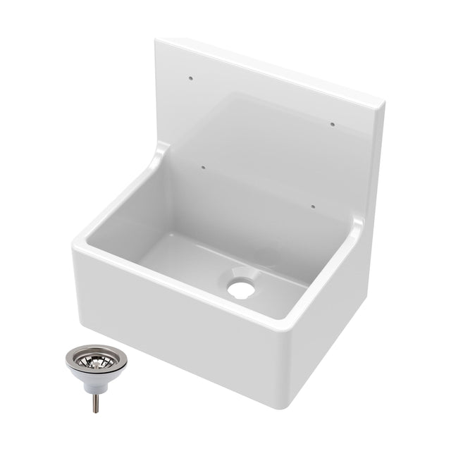[BKS232W] Single Bowl Fireclay Cleaner Sink with Grid - 515mm x 535mm x 393mm & Compatible Waste - Chrome - Balterley - Cutout