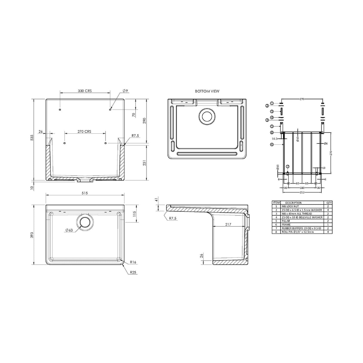 [BKS232W] Single Bowl Fireclay Cleaner Sink with Grid - 515mm x 535mm x 393mm & Compatible Waste - Chrome - Balterley - Technical Drawing