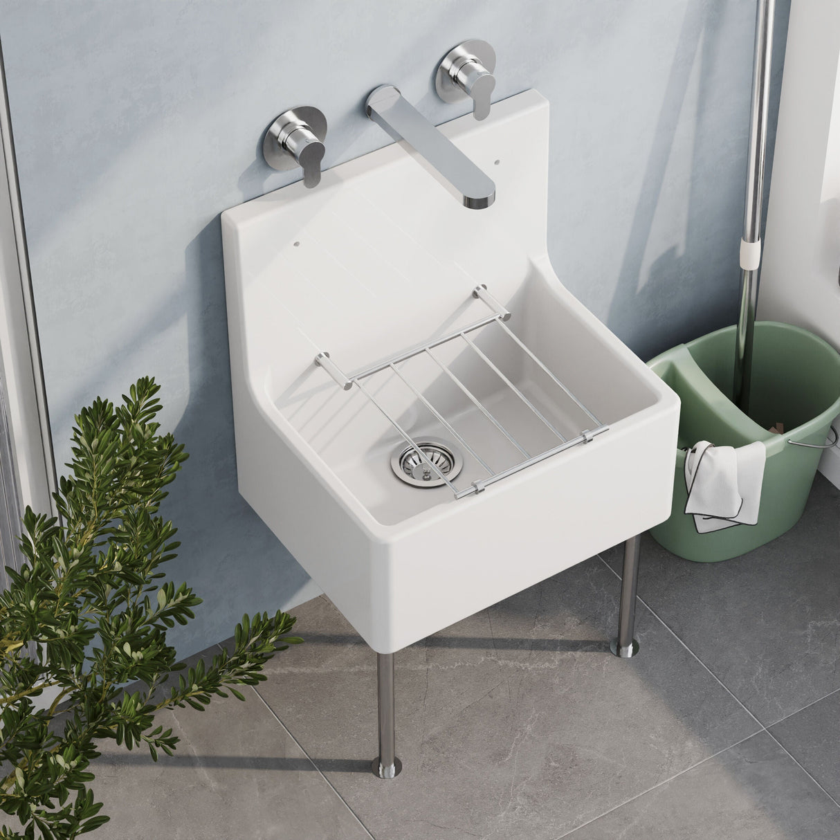 [BKS232W] Single Bowl Fireclay Cleaner Sink with Grid - 515mm x 535mm x 393mm & Compatible Waste - Chrome - Balterley - Lifestyle 2