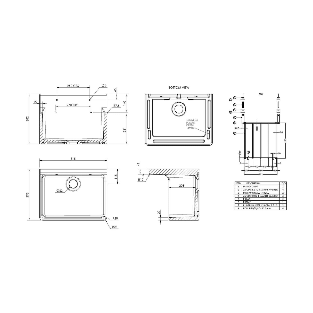 [BKS233W] Single Bowl Fireclay Cleaner Sink with Grid - 515mm x 382mm x 393mm & Compatible Waste - Chrome - Balterley - Technical Drawing