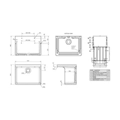 [BKS233W] Single Bowl Fireclay Cleaner Sink with Grid - 515mm x 382mm x 393mm & Compatible Waste - Chrome - Balterley - Technical Drawing