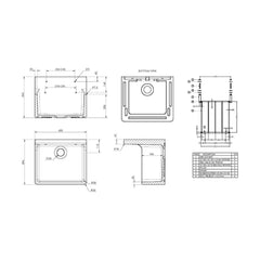 [BKS234WL] Single Bowl  Fireclay Ceramic Cleaner Sink w.Grid - Multiple Sizes and Accessories - Technical Drawing