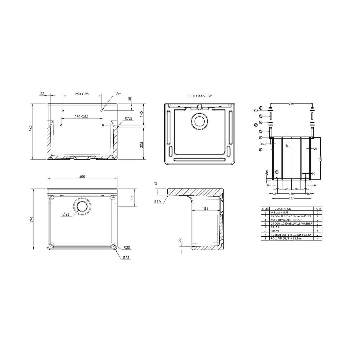 [BKS234WP] Single Bowl  Fireclay Ceramic Cleaner Sink w.Grid - Multiple Sizes and Accessories - Technical Drawing